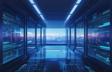 Poster - Futuristic corridor with glowing blue digital panels and a panoramic cityscape view. Ideal for technology, sci-fi, innovation, and cyber concepts