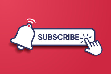 Aufkleber - Subscribe icon button, bell icon. Notification icon button and hand cursor click. Red button subscribe element for social media, marketing, channel, website, mobile app. Vector illustration eps10