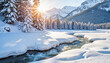 © Elenba - Snowmelt revealing tranquil stream amid snowy mountains, nature's beauty