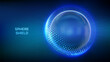 © iuriimotov - Glass transparent protection sphere shield. Sphere shield with hexagon pattern on blue background. Bubble shield in the form of a force energy field. Protection and safety concept. Vector illustration