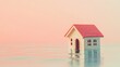 © xoan - Miniature house floats on water, pink background; climate change concept