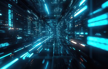 Aufkleber - Futuristic data center corridor with glowing blue lights, advanced digital circuits, and cyber network elements. Ideal for AI, cyber security, cloud computing, and innovation themes