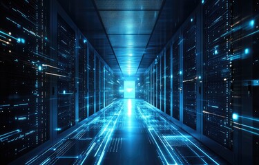 Poster - Futuristic data center with glowing blue lights, advanced server racks, and a digital cyber grid effect. Ideal for technology, cloud computing, AI, cybersecurity, and innovation themes
