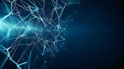 Fototapete - Abstract Network Connection Design With Bright Blue Lines And Geometric Shapes On Dark Background