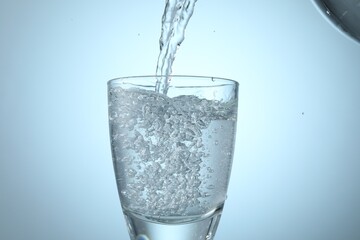 Wall Mural - Pouring refreshing soda water into glass on light background, closeup