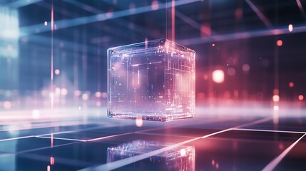 Poster - A high-tech background with a floating, transparent cube displaying interactive data points