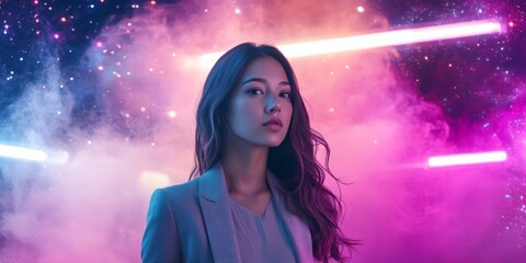 Poster - A confident woman stands against a cosmic background filled with vibrant colors. The soft glow of neon lights creates a dreamy atmosphere, emphasizing strength and beauty. AI