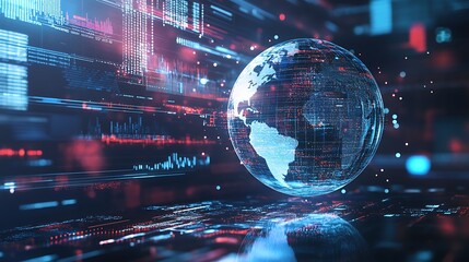 Poster - A high-tech background with a floating, transparent sphere displaying interactive data points and graphs