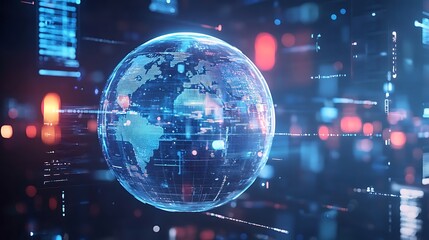 Poster - A high-tech background with a floating, transparent sphere displaying interactive data points and graphs
