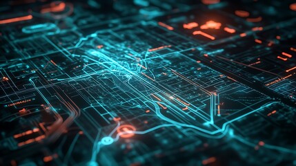 Poster - A sleek background featuring a digital map with real-time updates and holographic overlays
