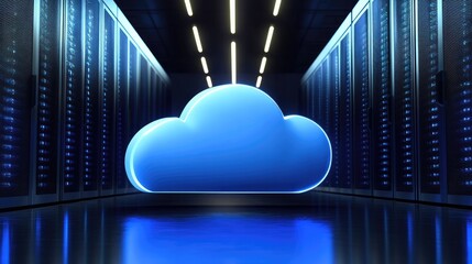 Poster - Futuristic data center with glowing blue cloud symbol, high-tech server racks, and digital lighting. Ideal for cloud computing, artificial intelligence, cyber security, and data storage themes