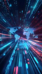 Poster - world map composed of data streams moving through digital space