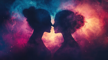 Poster - Intimate embrace of two silhouetted figures cosmic background digital art dreamlike atmosphere close-up perspective