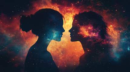 Poster - Cosmic connection two silhouetted figures space digital art ethereal background close-up unity in diversity