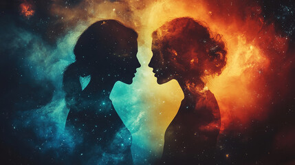 Poster - Cosmic silhouettes of two women space digital art mystical environment profile view unity and duality concept
