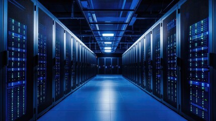 Poster - High tech data center with rows of illuminated server racks, glowing blue lights, and advanced infrastructure. Ideal for cloud computing, cyber security, artificial intelligence, data storage concepts