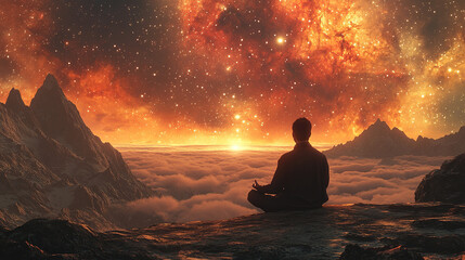 Poster - Meditative reflection at sunrise over cosmic mountains surreal landscape peaceful serenity celestial viewpoint