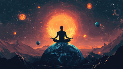 Poster - Meditative cosmic reflection outer space digital art celestial environment wide viewpoint inner peace concept