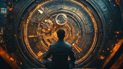 Poster - Exploring the mysterious portal futuristic lab digital art sci-fi environment rear view discovery concept