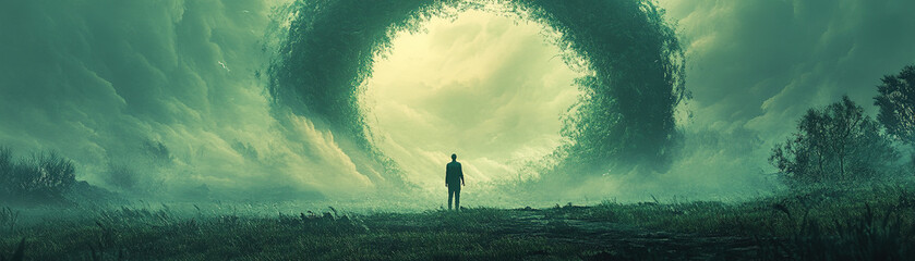 Poster - Enigmatic encounter in surreal landscape nature digital art tranquil environment wide-angle view cosmic mystery