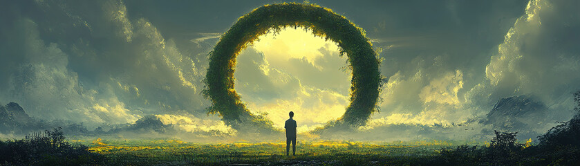 Poster - Exploring a mysterious portal enchanted landscape digital art serene environment wide-angle view imagination unleashed