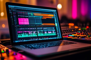Laptop with colorful audio editing software interface in vibrant studio setting