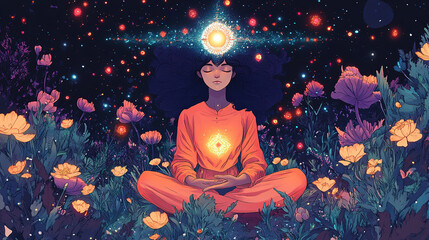 Poster - Meditation and spiritual awakening cosmic garden digital art dreamlike environment close-up inner peace exploration