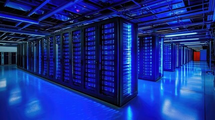 Poster - Futuristic data center with illuminated server racks and blue LED lighting. Ideal for cloud computing, cyber security, and data storage