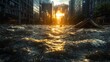 © studio clever - Flooded city street during a dramatic disaster event. Generative AI