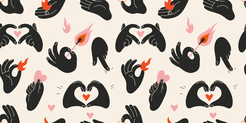Seamless pattern with black Hands gestures, flames, match and heart. Love, passion and creativity concept. Trendy modern vector illustration on light background, hand drawn, flat design