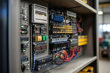 Poster - Electrical cabinet showing complex wiring and components in industrial setting