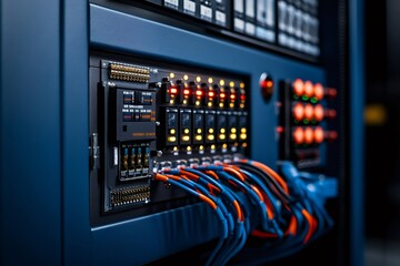 Poster - Network server panel showing blinking lights and connected cables in a data center