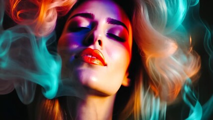 Poster - Multicolored abstract background blending with blurred facial features in a dreamlike atmosphere, abstract glowing background with multicolored blurred gradients moving on dark