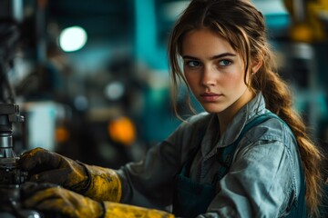 Aufkleber - Young female mechanic repairing machine in factory