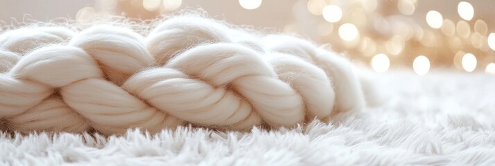 Wall Mural - a close-up of a warm, knitted texture featuring a braided cream-colored wool against a soft, fluffy 
