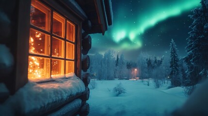 Poster - Warm christmas lights shining through log cabin window during aurora borealis