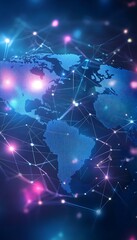 Poster - a digital world map represented with glowing interconnected networks