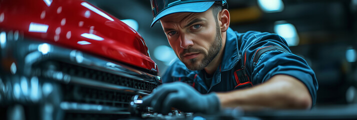 Poster - Caucasian mechanic works diligently on semi truck maintenance in garage