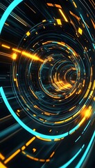 Poster - a futuristic tunnel is illuminated with orange and blue lines