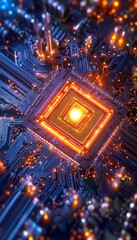 Poster - Illuminated electronic circuitry of a central processing unit shining brightly
