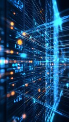 Poster - Digital network of interconnected lines and lights in blue colors