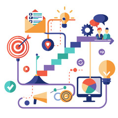 Poster - Visual representation of the marketing campaign process showcasing steps from strategic planning to achieving results. Elements include charts, communication tools, and feedback loops