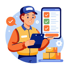 Poster - A courier is engaging with a handheld device to select customization options for deliveries while surrounded by packages and a tech-friendly atmosphere