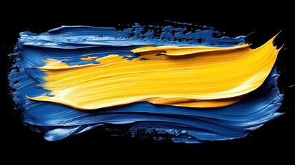 abstract paint stroke, blue and yellow, isolated on black background, for design use