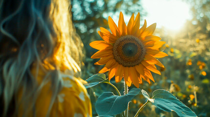 close-up of a vibrant sunflower blooming outdoors under the bright sun on a clear day