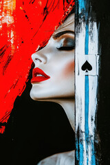 Poster - Captivating Portrait of a Woman with Bold Red Lips and Artistic Abstract Background