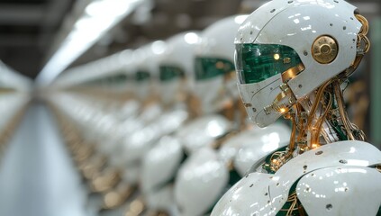 Poster - In a futuristic factory, robots work together to improve productivity and safety