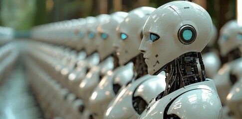 Poster - at a technology exhibition, futuristic robots are arranged in formation to showcase the latest advan