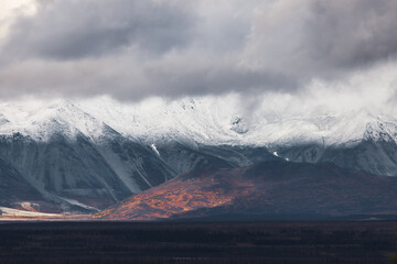 Wall Mural - snow covered mountains with low level clouds in alaska.