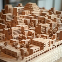 Poster - Architectural Cityscape: Intricate wooden model displaying the buildings, landscape and urban planning of a futuristic city.